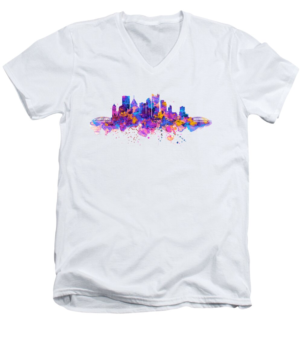 Marian Voicu Men's V-Neck T-Shirt featuring the painting Pittsburgh Skyline by Marian Voicu