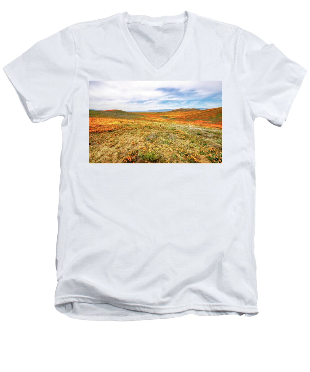 Poppies Men's V-Neck T-Shirt featuring the photograph Poppies As Far As The Eye Can See by Gene Parks