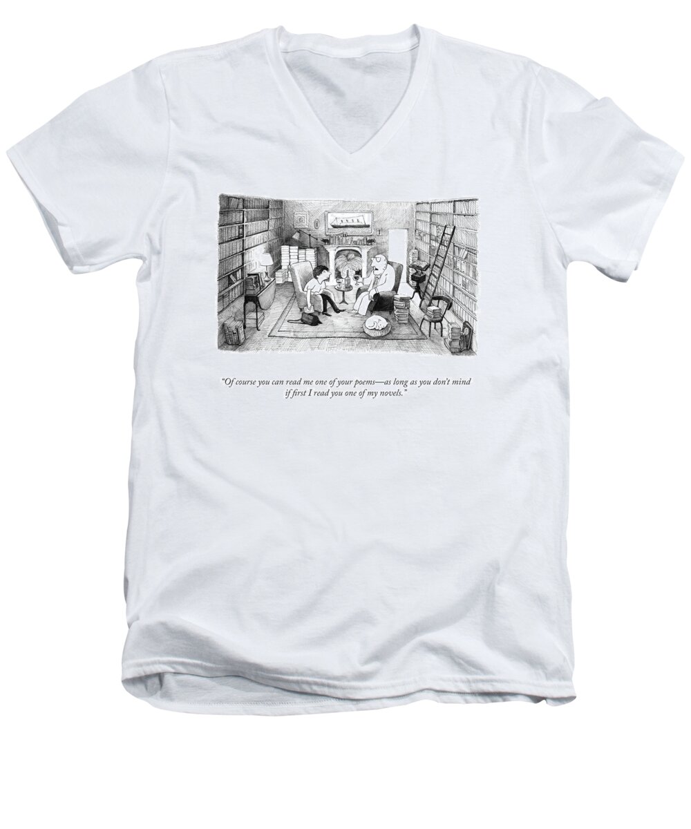 A24669 Men's V-Neck T-Shirt featuring the drawing Read Me One Of Your Poems by Julia Leigh and Phillip Day