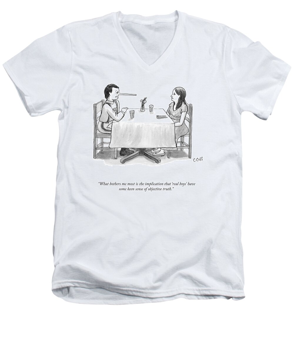 What Bothers Me Most Is The Implication That 'real Boys' Have Some Keen Sense Of Objective Truth. Men's V-Neck T-Shirt featuring the drawing Real Boys by Caitlin Cass