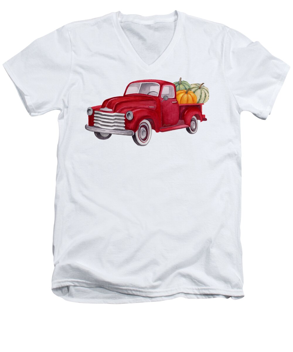 Red Pickup Men's V-Neck T-Shirt featuring the painting Red Pumpkin Patch Pickup Truck by Hailey E Herrera