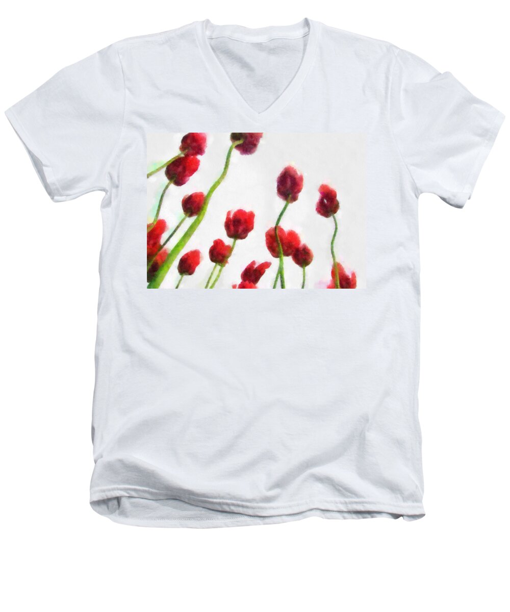 Hollander Men's V-Neck T-Shirt featuring the photograph Red Tulips from the Bottom Up ll by Michelle Calkins