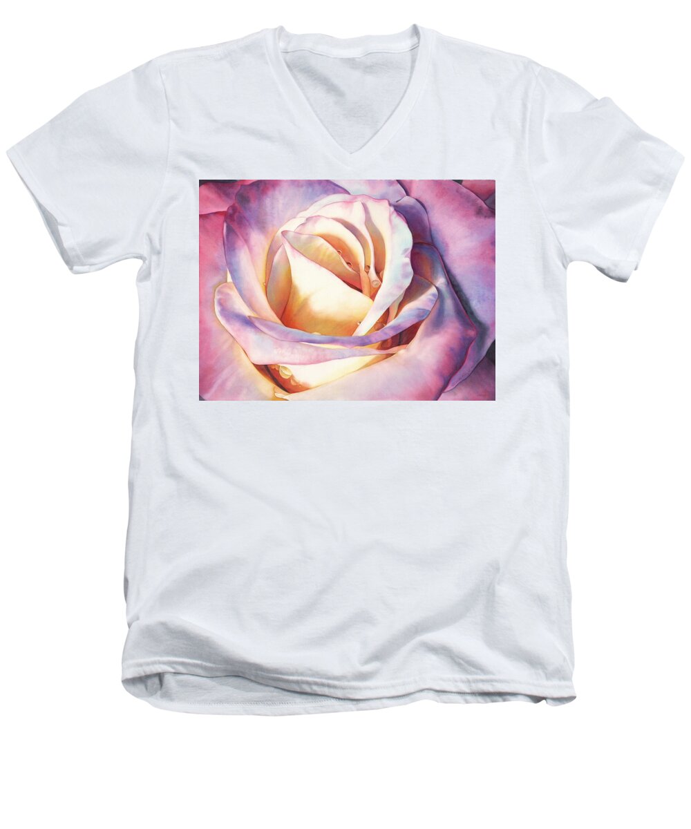 Rose Men's V-Neck T-Shirt featuring the painting Rose Radiance by Sandy Haight