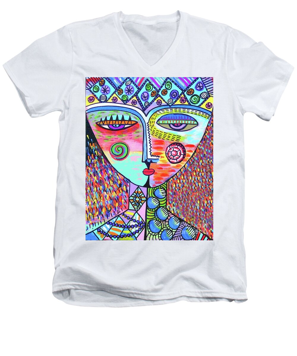  Men's V-Neck T-Shirt featuring the painting Ruby Sapphire Crystal Gems by Sandra Silberzweig
