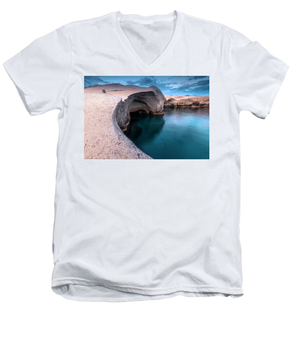 Aegean Sea Men's V-Neck T-Shirt featuring the photograph Sarakiniko by Evgeni Dinev