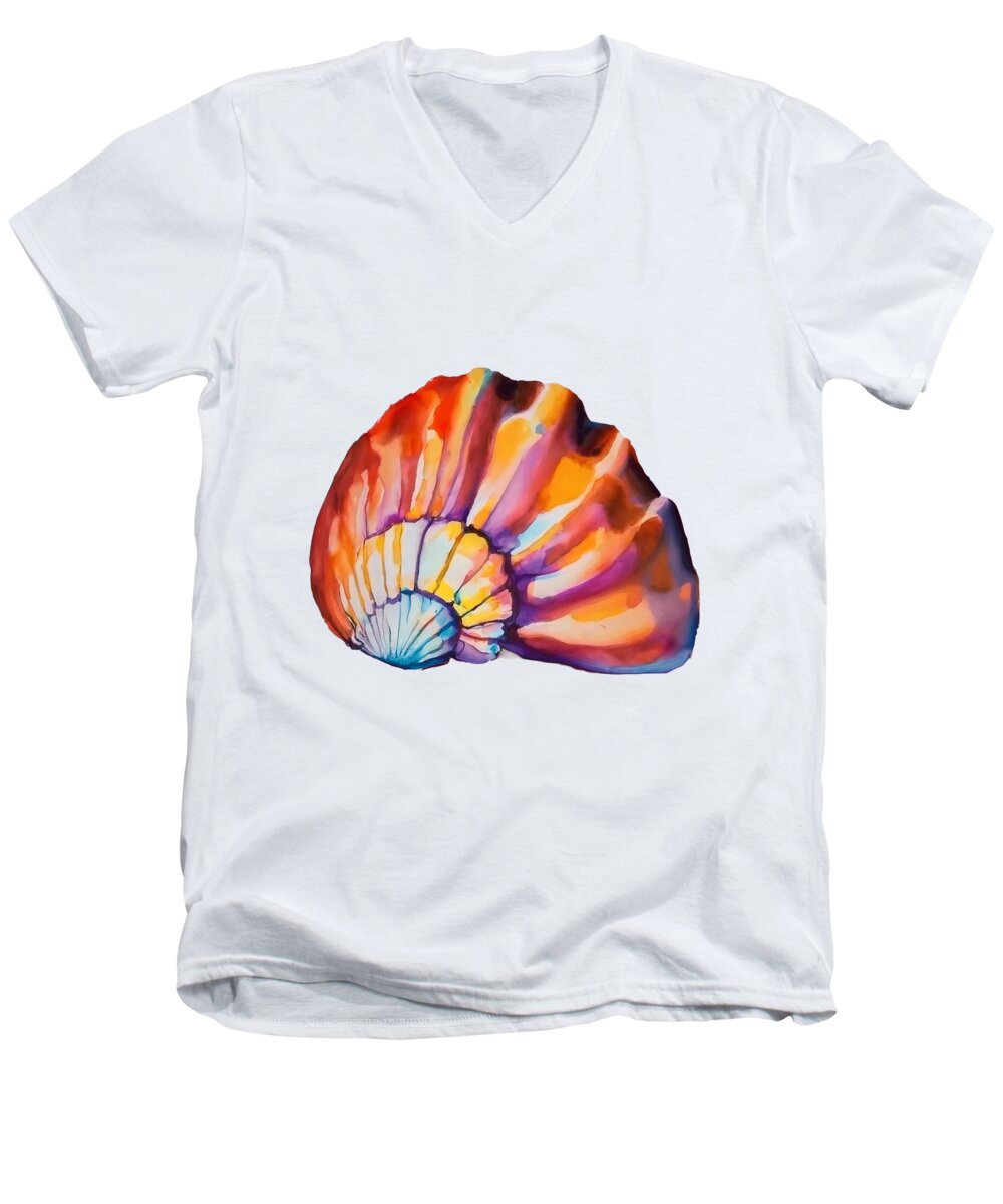 Seashell Men's V-Neck T-Shirt featuring the painting Sea Shell Watercolor Painting by Mounir Khalfouf