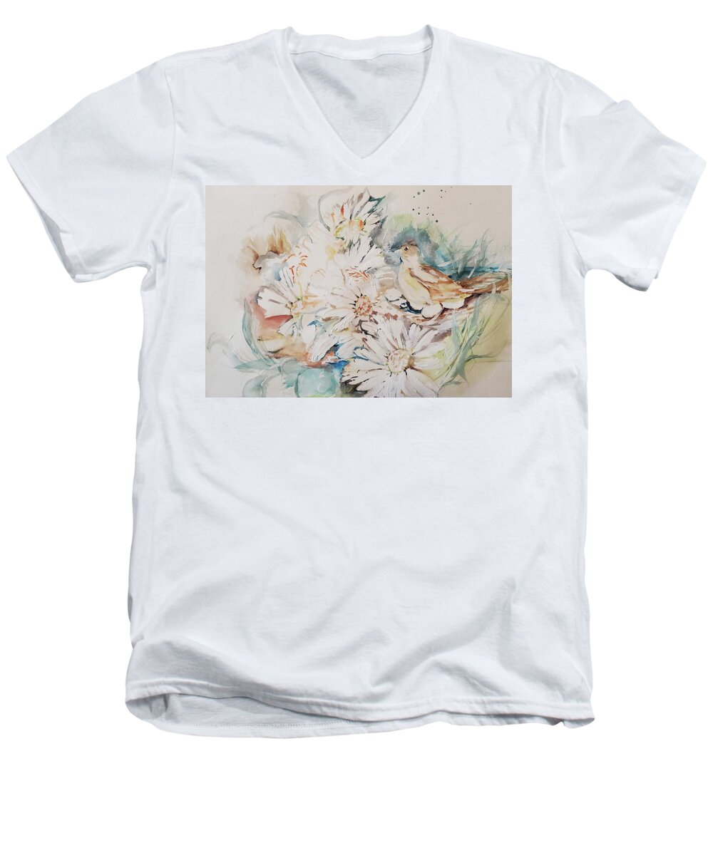 Bird Men's V-Neck T-Shirt featuring the painting She Made Her Nest On The Ground Watercolor by Lisa Kaiser