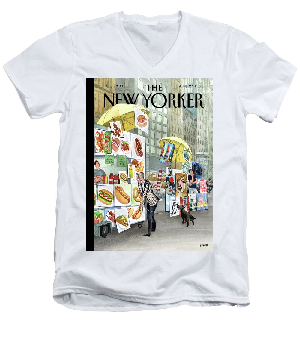Nyc Men's V-Neck T-Shirt featuring the drawing Sidewalk Connoisseurs by Victoria Tentler-Krylov