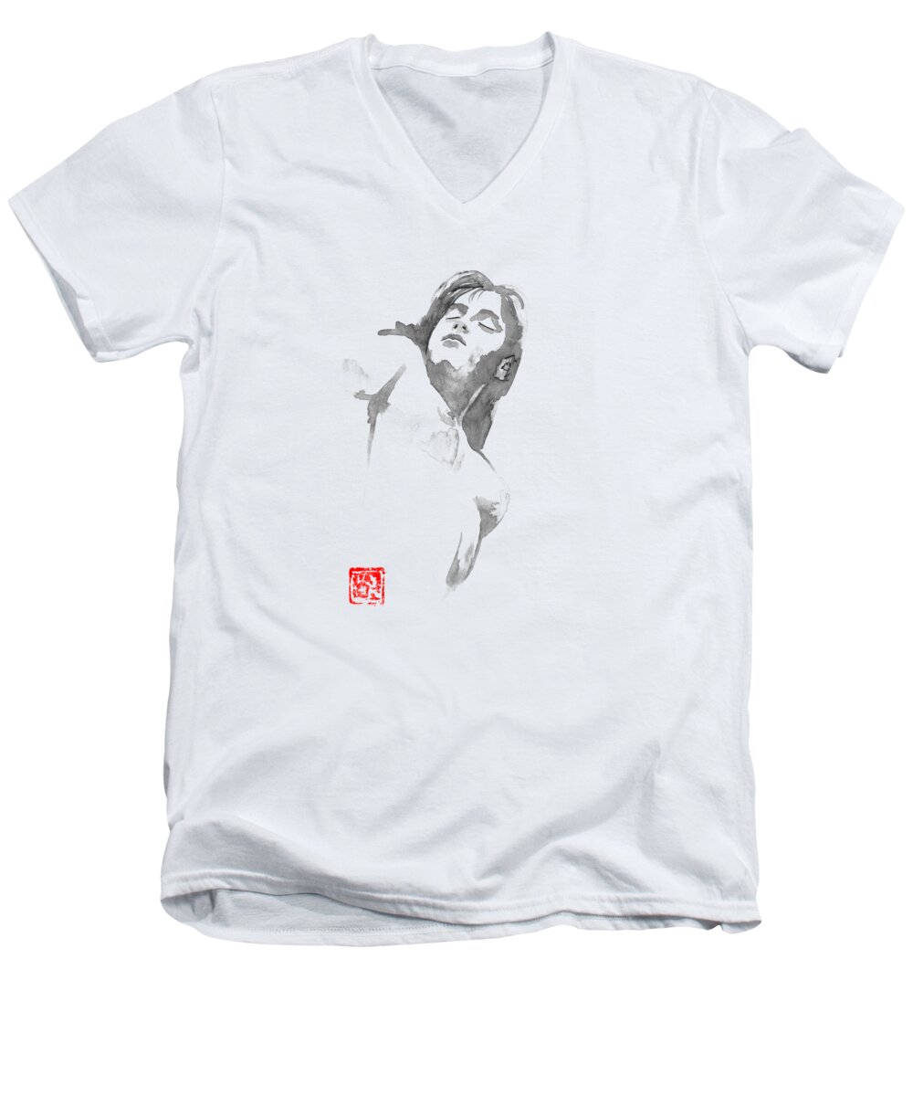  Sumie Men's V-Neck T-Shirt featuring the drawing Sleeping Nude by Pechane Sumie
