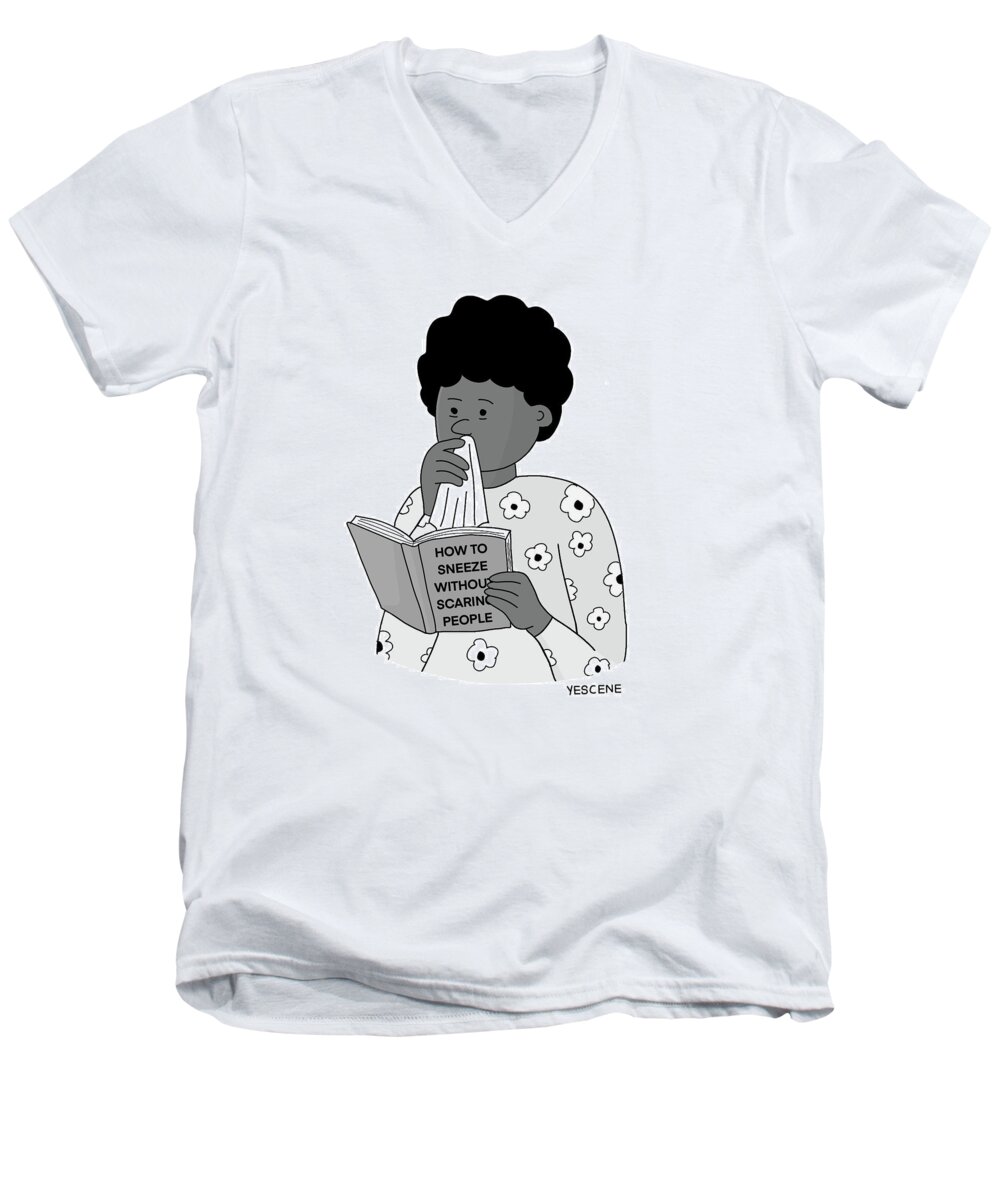 Captionless Men's V-Neck T-Shirt featuring the drawing Sneeze Without Scaring People by Yasin Osman