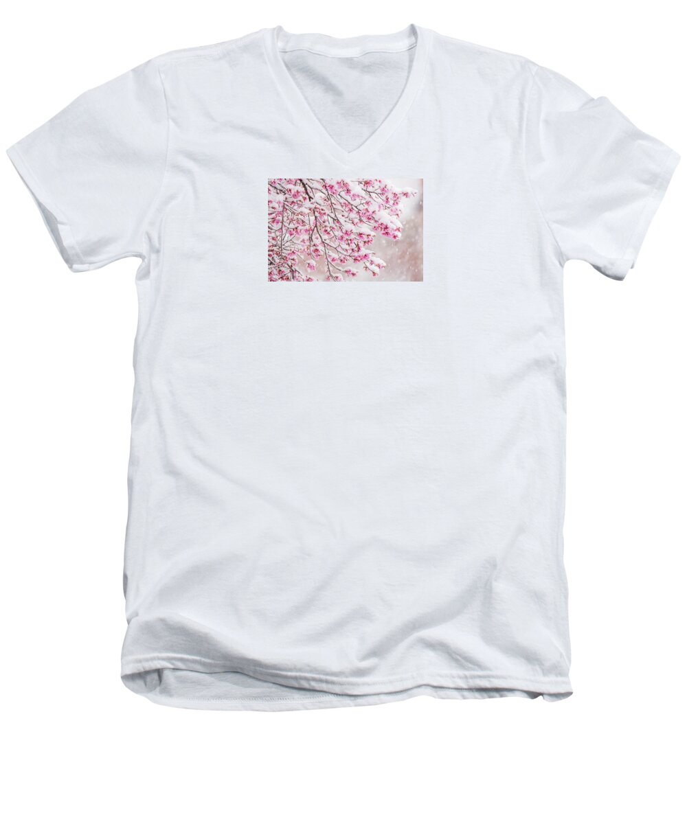 Cherry Blossoms Men's V-Neck T-Shirt featuring the photograph Snow on Cherry Blossoms by Mary Ann Artz