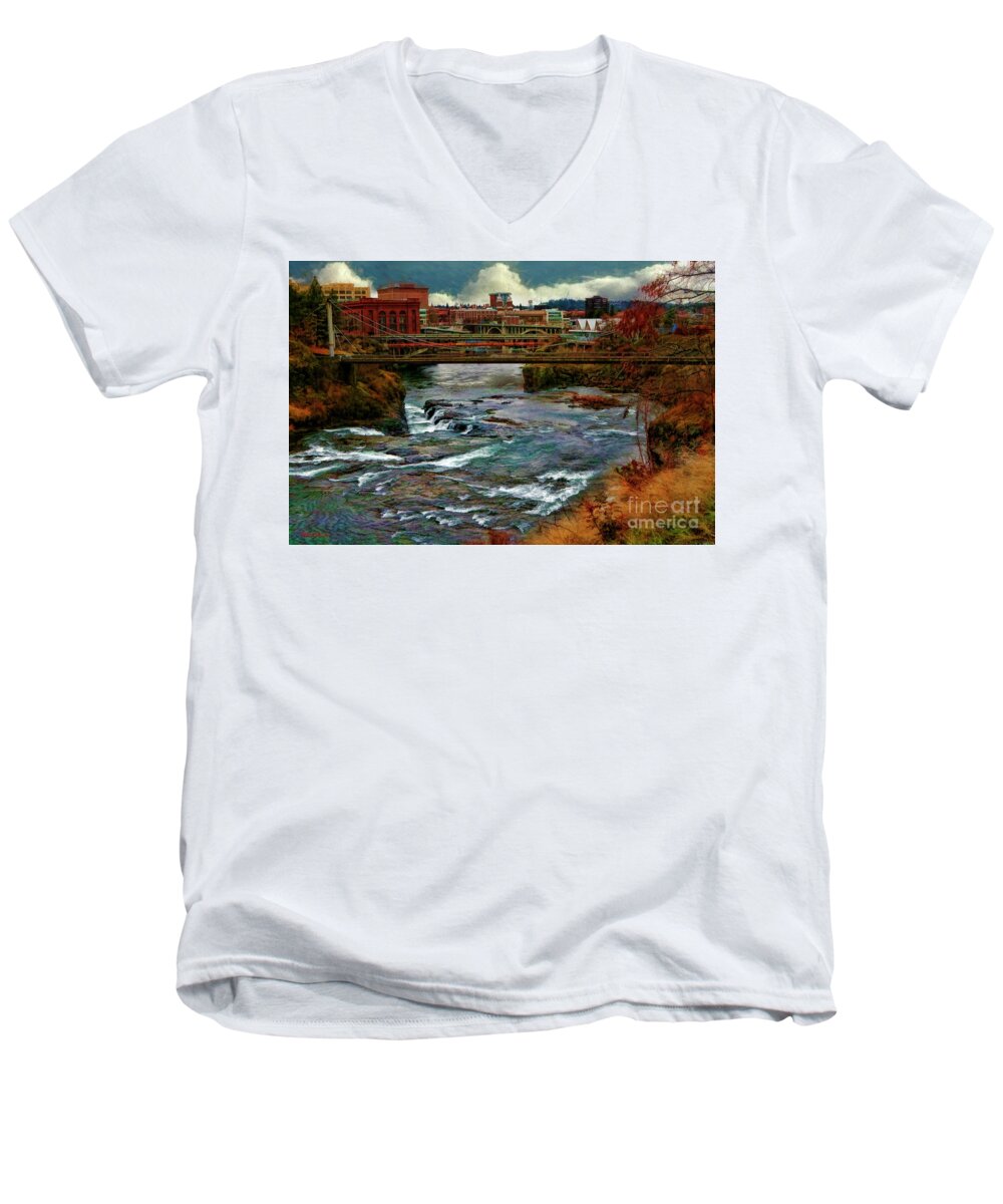 Spokane River Men's V-Neck T-Shirt featuring the photograph Spokane River, Downtown Spokane WA by Blake Richards