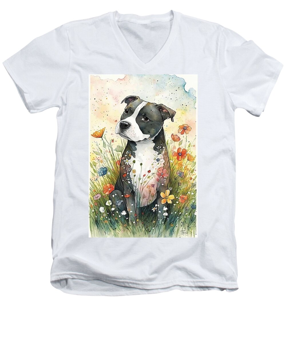 Staffordshire Bull Terrier Men's V-Neck T-Shirt featuring the digital art Staffordshire Bull Terrier in flower field by Debbie Brown