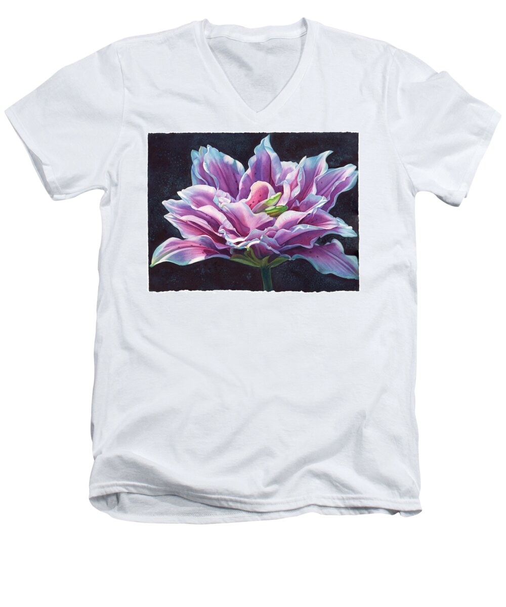 Watercolor Painting Men's V-Neck T-Shirt featuring the painting Starring LilyRose with deckle edge by Sandy Haight