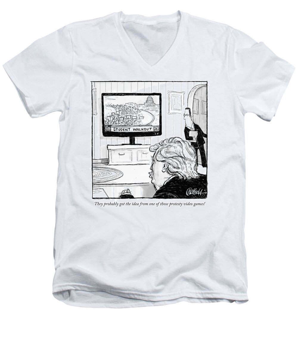 they Probably Got The Idea From One Of Those Protesty Video Games. Men's V-Neck T-Shirt featuring the drawing Student Walkout by Jason Chatfield and Scott Dooley
