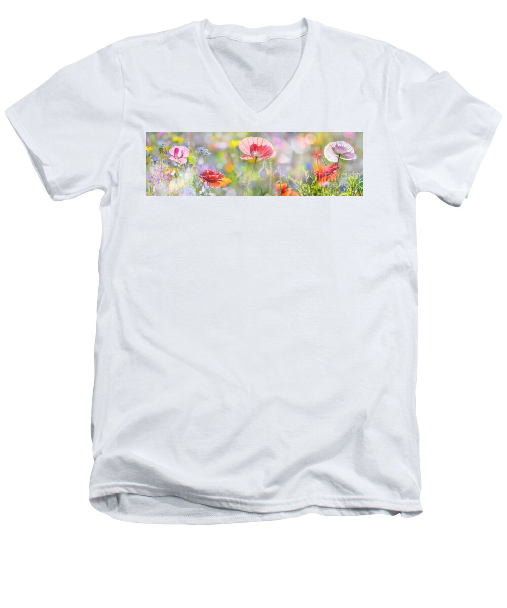 Poppy Men's V-Neck T-Shirt featuring the photograph Summer Meadow With Red Poppies by Boon Mee