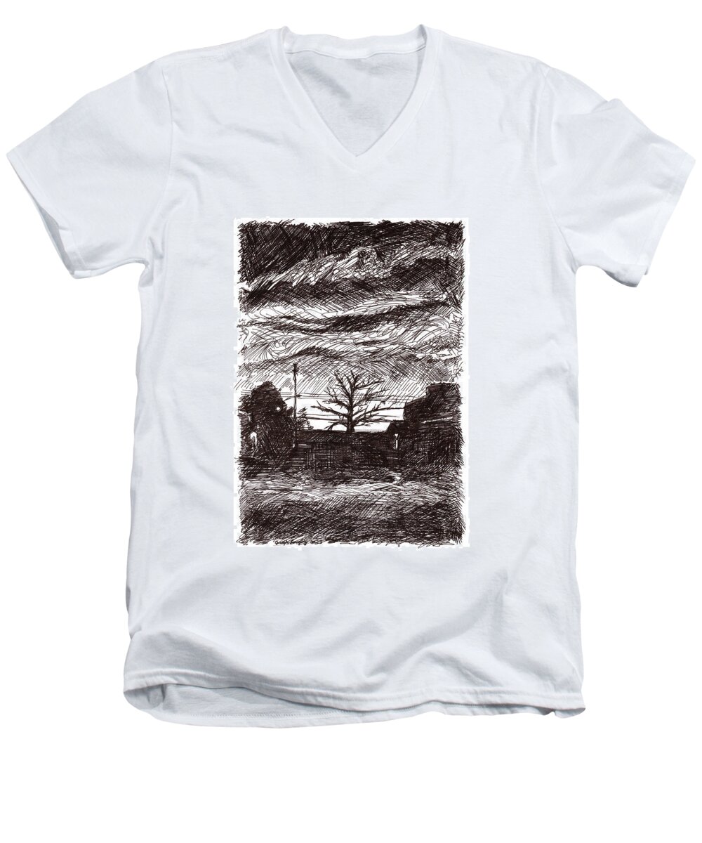 Sunset Men's V-Neck T-Shirt featuring the drawing Sunset in the City by Joseph A Langley