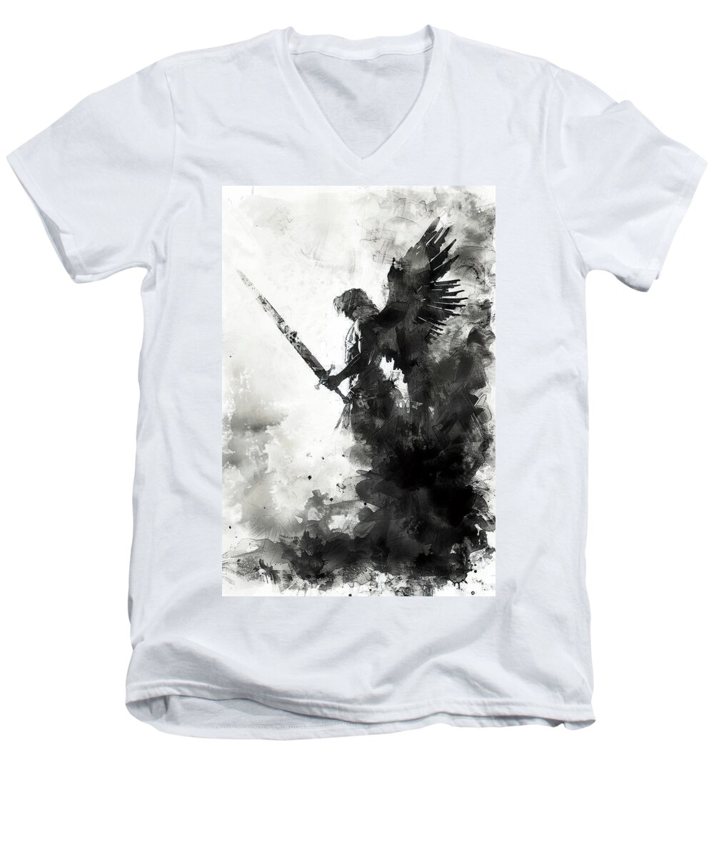 Religion Men's V-Neck T-Shirt featuring the painting Sword of Celestial Valor, 06 by AM FineArtPrints