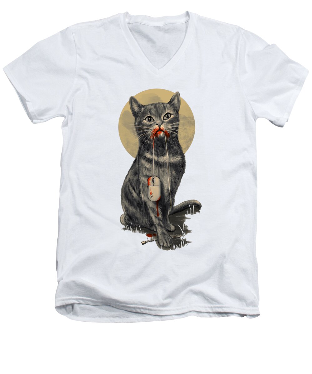 Cat Men's V-Neck T-Shirt featuring the digital art The Catch by Nicebleed