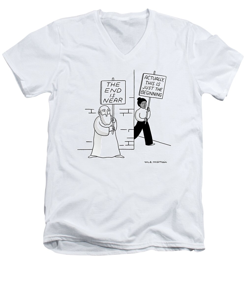 Captionless Men's V-Neck T-Shirt featuring the drawing The End Is Near by Elisabeth McNair