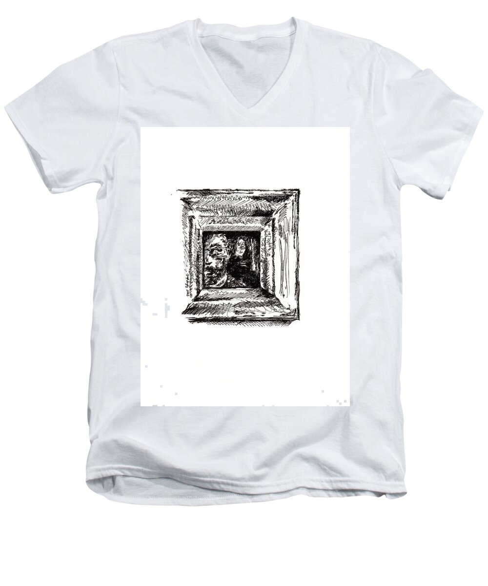 Mirror Men's V-Neck T-Shirt featuring the drawing The Man In The Mirror by Joseph A Langley