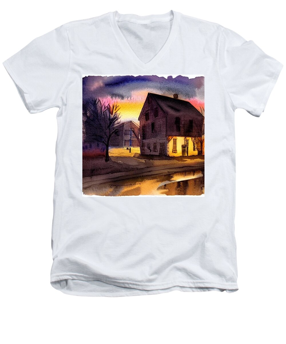 Waterloo Village Men's V-Neck T-Shirt featuring the painting The Old Tavern at Waterloo Village, Morris Canal by Christopher Lotito