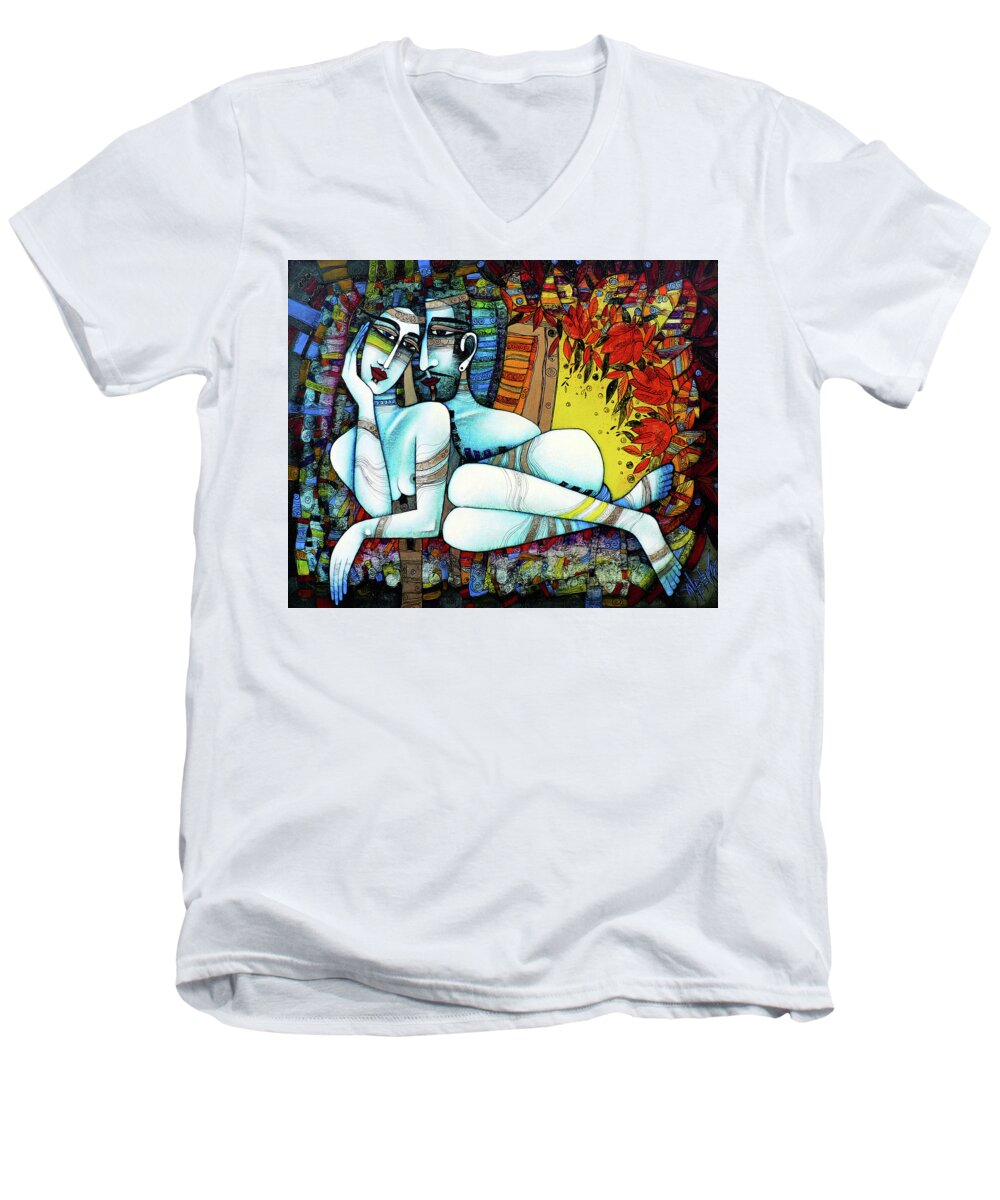 Albena Men's V-Neck T-Shirt featuring the painting Through the folds of time by Albena Vatcheva