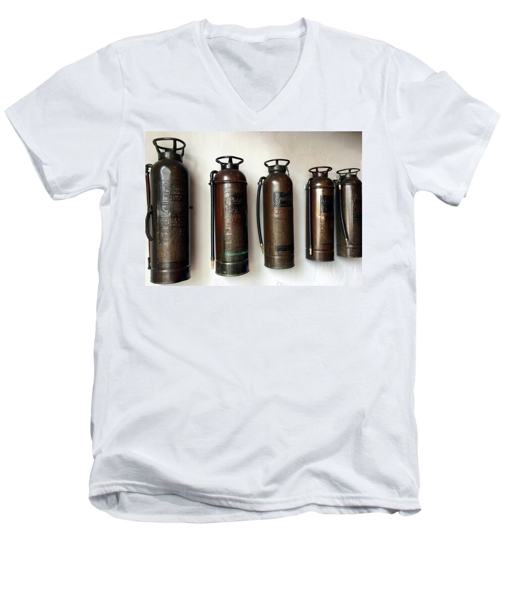 Fire Extinguishers Men's V-Neck T-Shirt featuring the photograph To Put Out A Fire by Barbie Corbett-Newmin