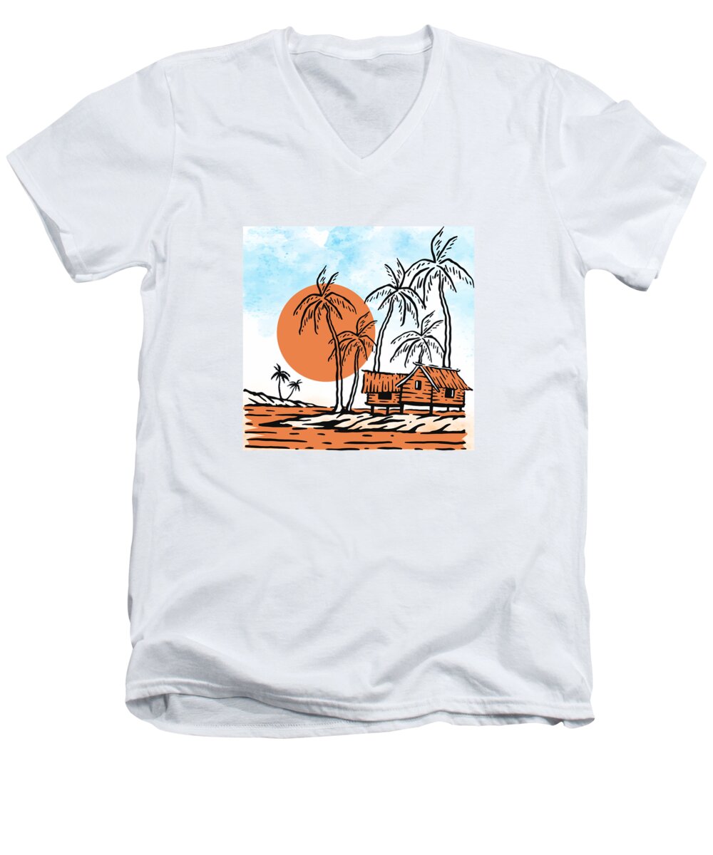 Vintage Poster Men's V-Neck T-Shirt featuring the drawing Tropical Vibes Nature illustration landscape hut palm trees on a cloudy blue sky Rural summer scene by Mounir Khalfouf