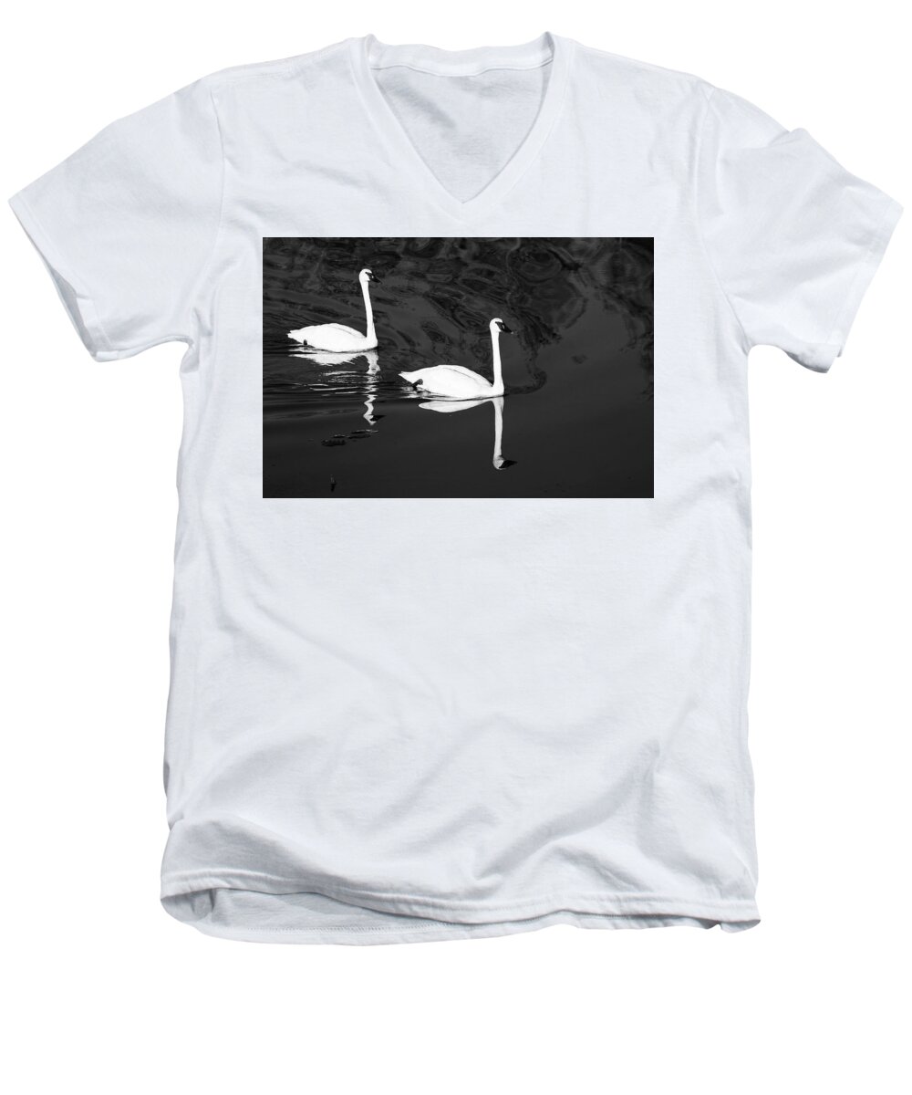 Swan Men's V-Neck T-Shirt featuring the photograph Trumpeter Swans Black and White by Gary Hall