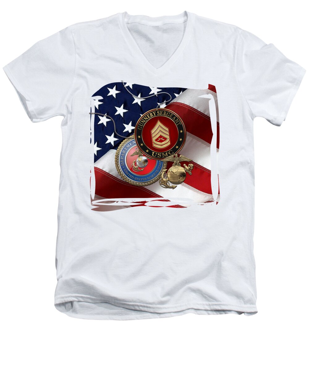 Military Insignia & Heraldry Collection By Serge Averbukh Men's V-Neck T-Shirt featuring the digital art U.S. Marine Gunnery Sergeant - USMC GySgt Rank Insignia with Seal and EGA over American Flag by Serge Averbukh