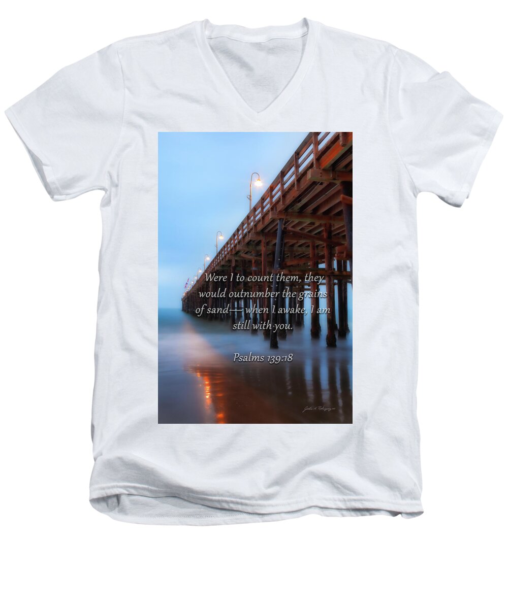 Photographs Men's V-Neck T-Shirt featuring the photograph Ventura California Pier with Psalms 139 verse 18 by John A Rodriguez