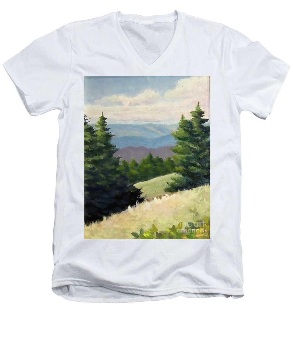Pine Men's V-Neck T-Shirt featuring the painting View from the Trail by Anne Marie Brown