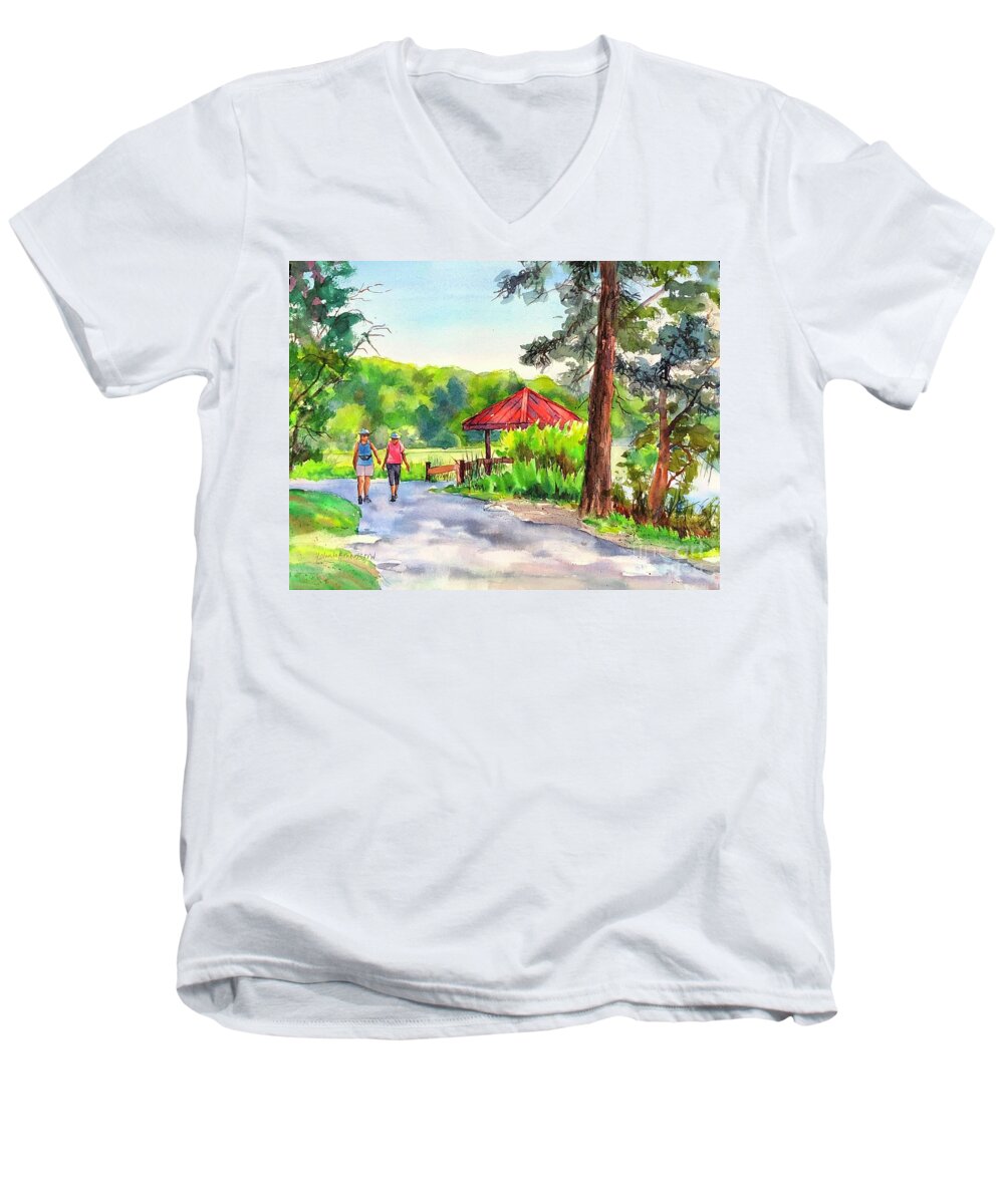 Landscape Men's V-Neck T-Shirt featuring the painting Walkers at Lake Elkhorn by Yolanda Koh