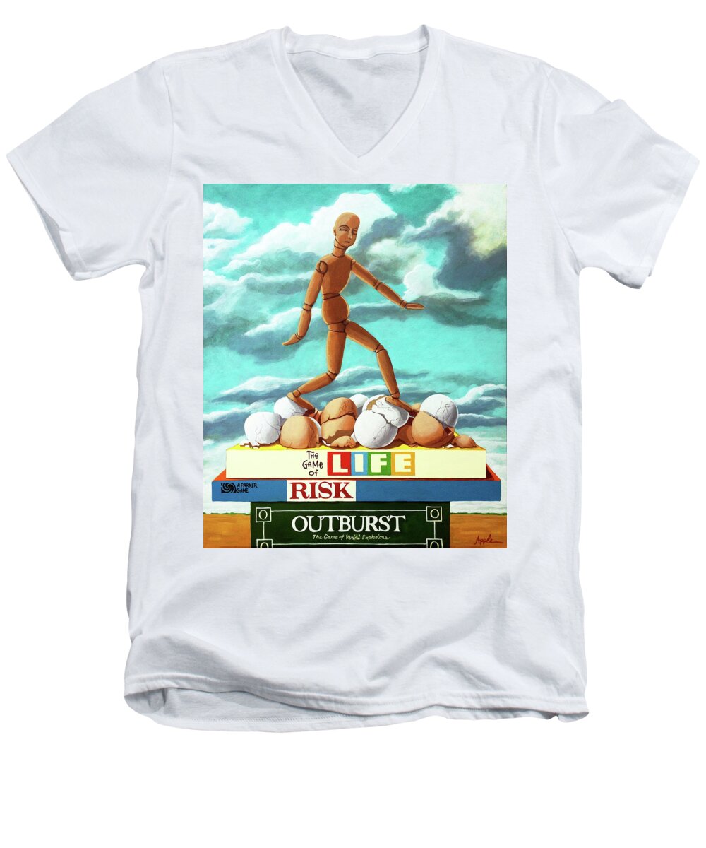 Vintage Games Men's V-Neck T-Shirt featuring the painting Walking On Eggshells imaginative realistic painting by Linda Apple
