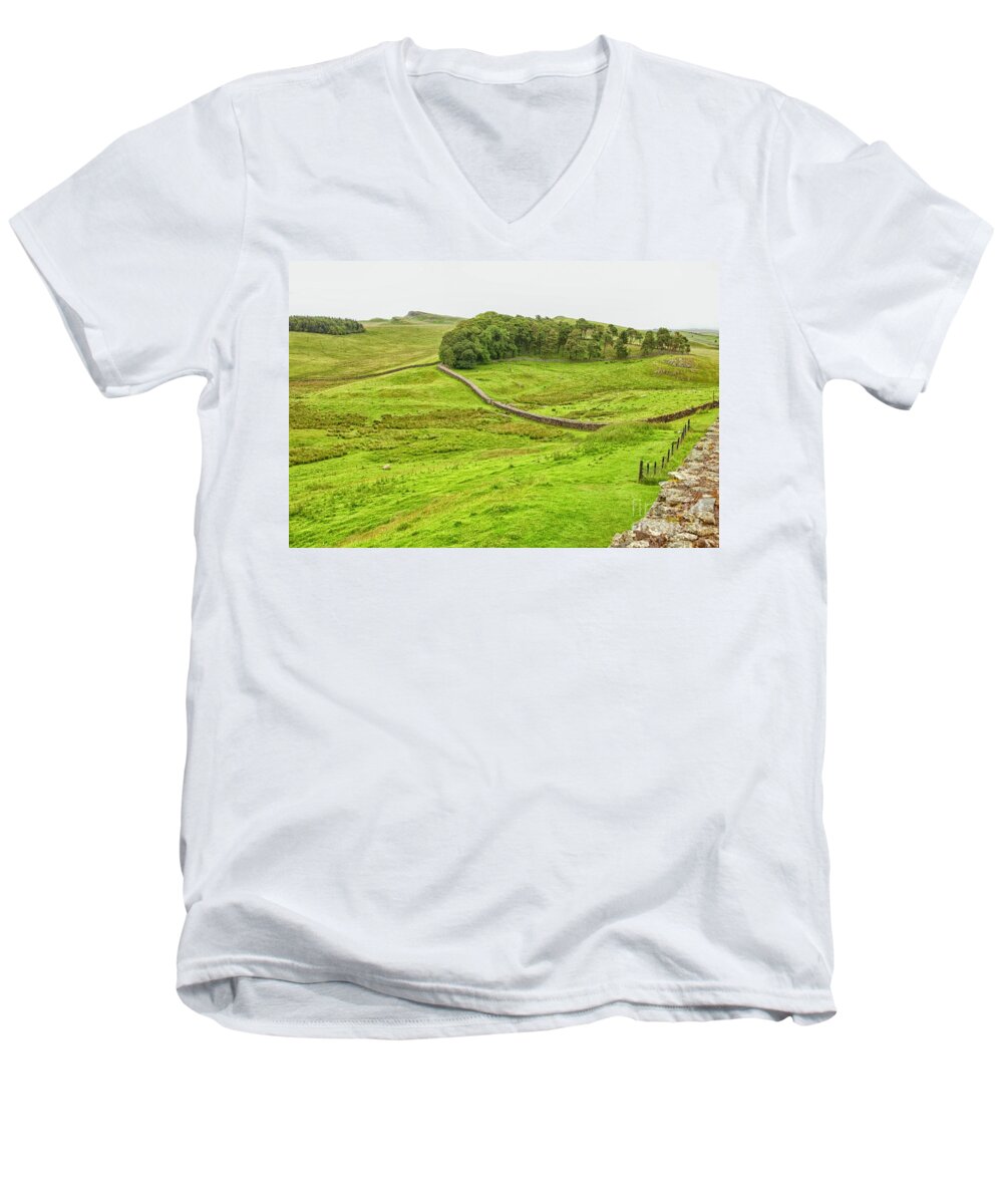 Ancient Men's V-Neck T-Shirt featuring the photograph Wall of Hadrian in England by Patricia Hofmeester
