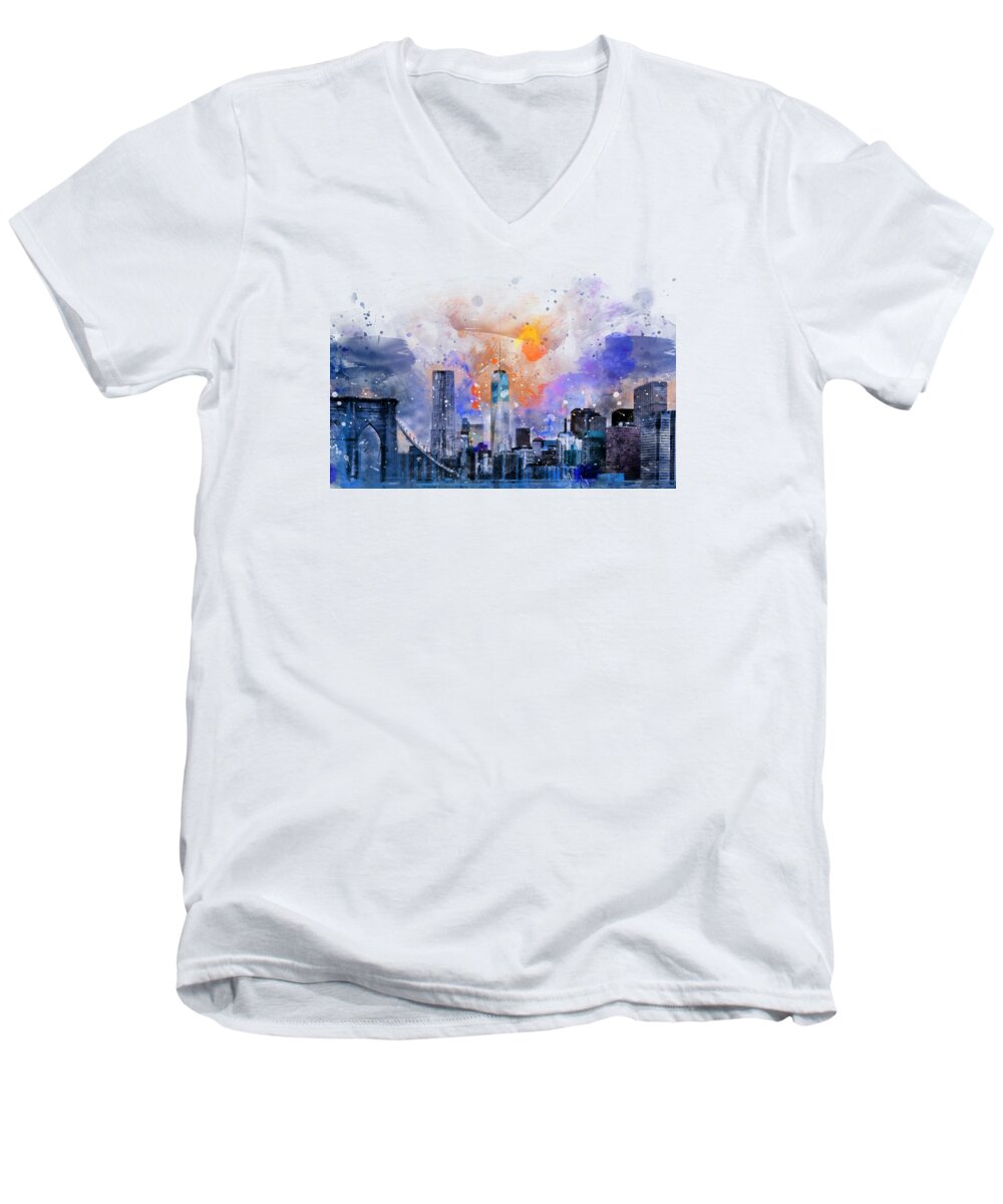 Manhattan Men's V-Neck T-Shirt featuring the painting Watercolor Manhattan at Sunrise by Elisabeth Lucas