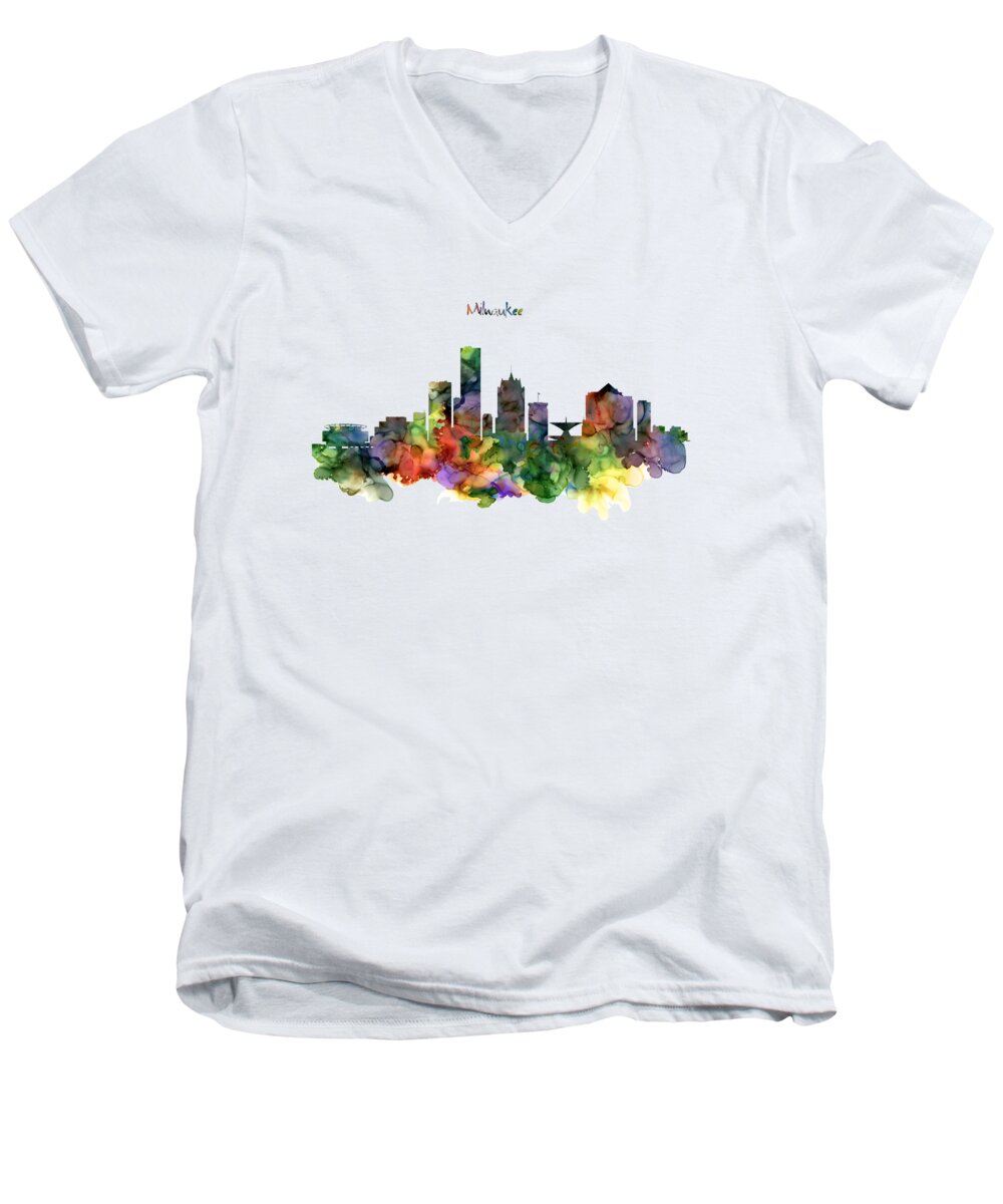 Marian Voicu Men's V-Neck T-Shirt featuring the painting Watercolor Painting - Milwaukee Skyline by Marian Voicu