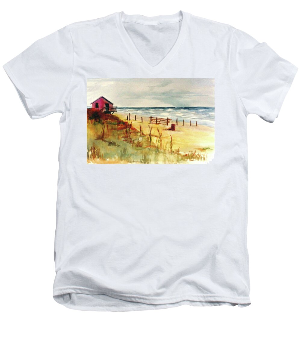 Beach Men's V-Neck T-Shirt featuring the painting West Beach In October, Galveston Island, Texas by Adele Bower