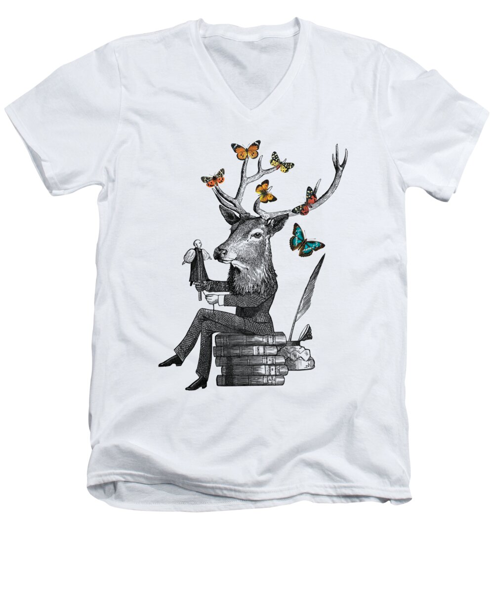 Deer Men's V-Neck T-Shirt featuring the digital art Whimsy deer collage by Madame Memento