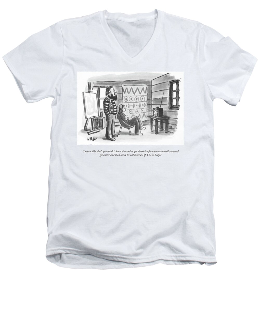 i Mean Men's V-Neck T-Shirt featuring the drawing With Electricity From Our Windmill Powered Generator by Warren Miller