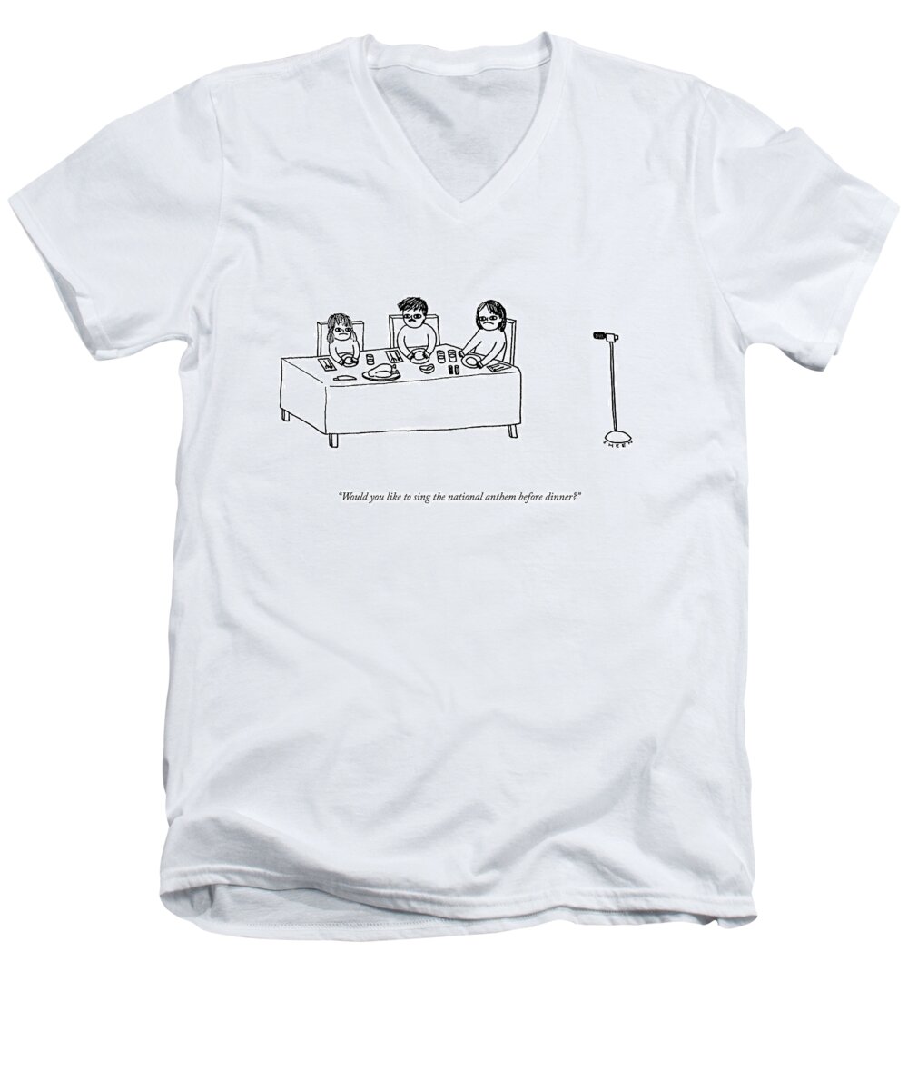 Would You Like To Sing The National Anthem Before Dinner? Men's V-Neck T-Shirt featuring the drawing Would You Like To Sing? by Justin Sheen