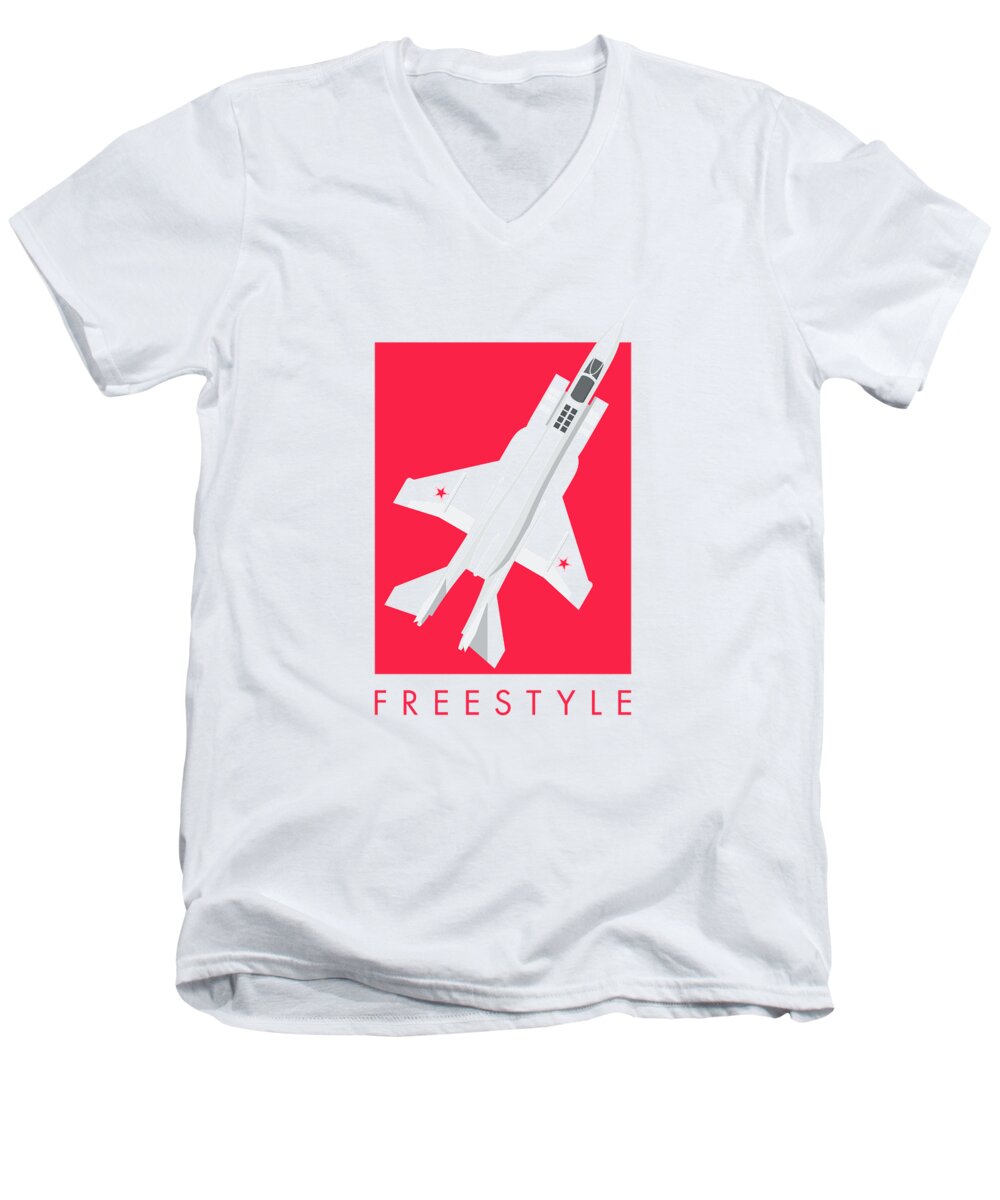 Aircraft Men's V-Neck T-Shirt featuring the digital art Yak-141 Freestyle Jet Aircraft - Crimson by Organic Synthesis