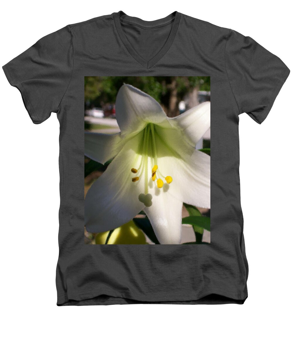 Blooming Easter Lily Caught In The Shadows With The Brush Stroke Effect Men's V-Neck T-Shirt featuring the photograph Easter Peace by Belinda Lee