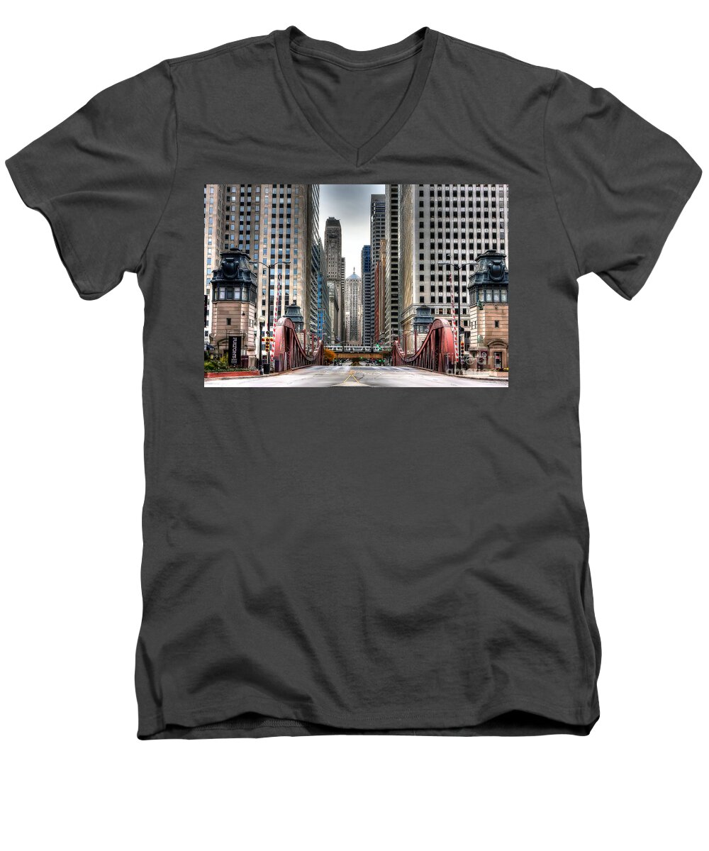 Lasalle Men's V-Neck T-Shirt featuring the photograph 0295b LaSalle Street Bridge by Steve Sturgill