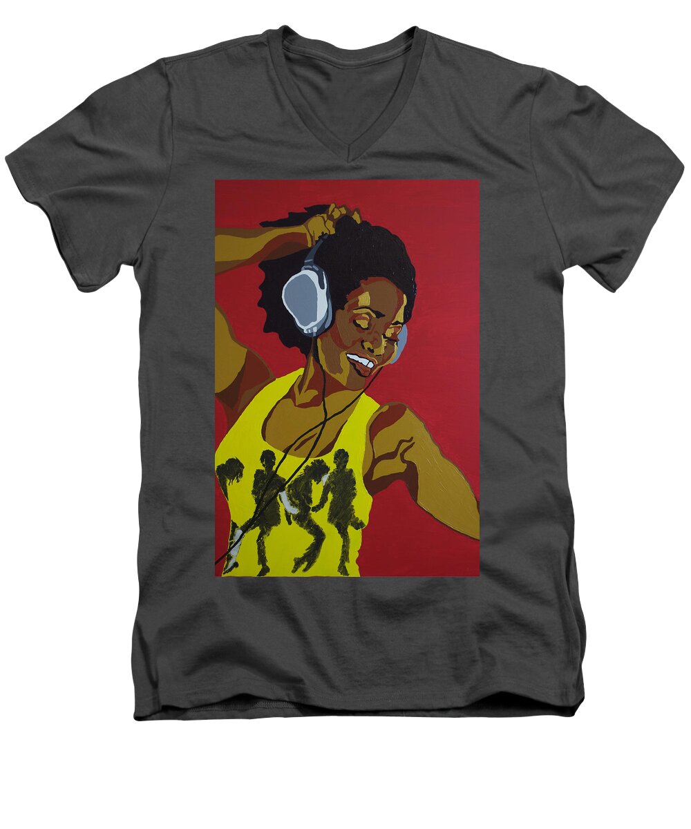 Acrylic Men's V-Neck T-Shirt featuring the painting Blame It On The Boogie #2 by Rachel Natalie Rawlins