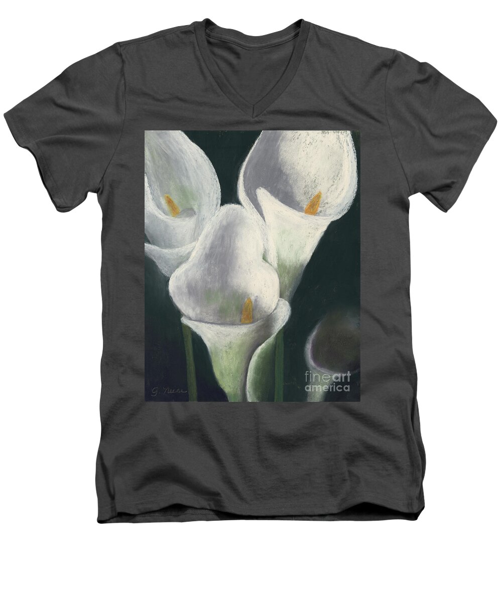 Calla Lilies Men's V-Neck T-Shirt featuring the pastel Calla Lilies Up Close by Ginny Neece