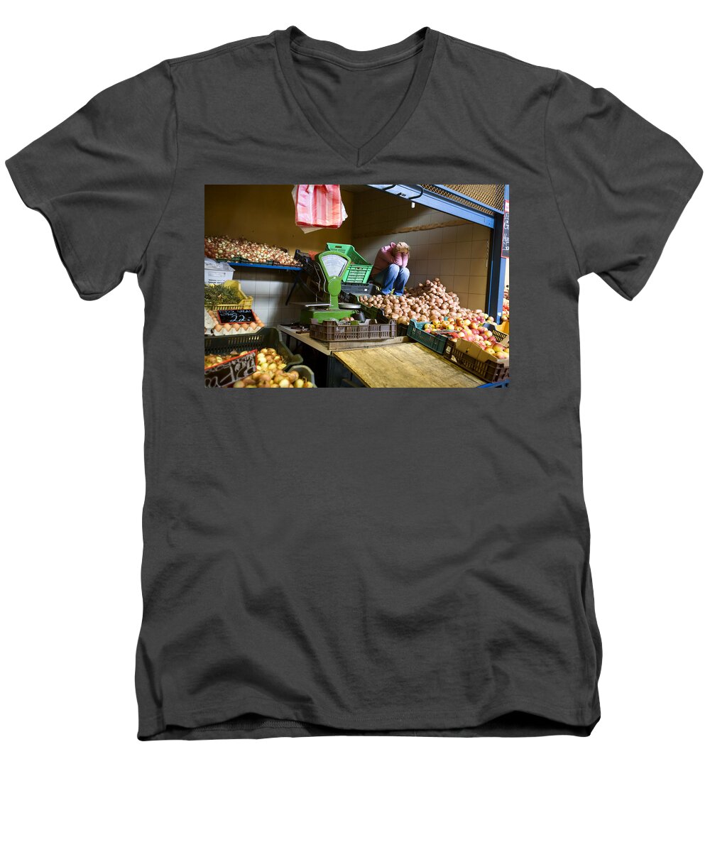 Budapest Men's V-Neck T-Shirt featuring the photograph Fruit Stand Woman by Madeline Ellis