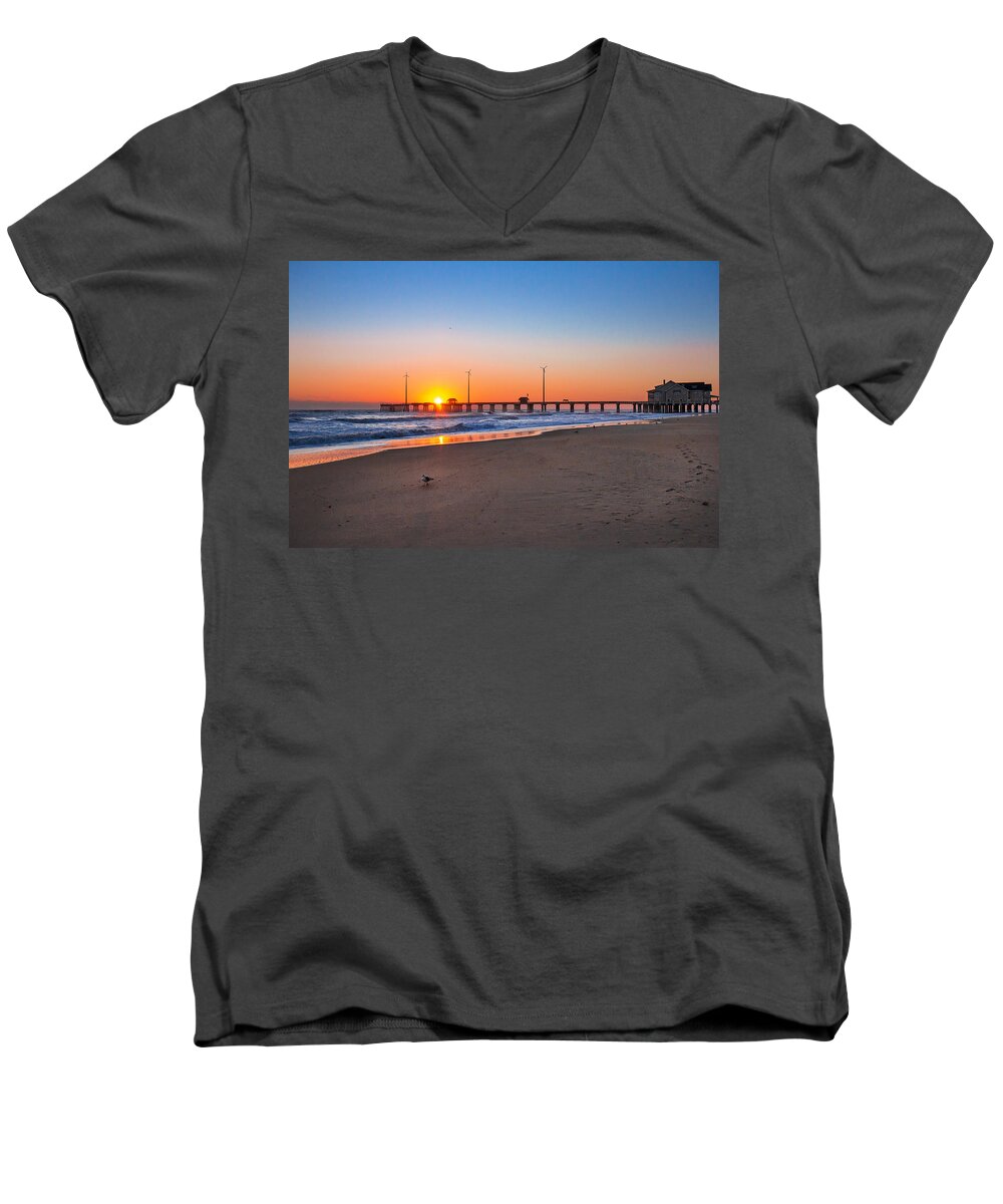 Jennettes Pier Men's V-Neck T-Shirt featuring the photograph Jennettes Pier #2 by Mary Almond
