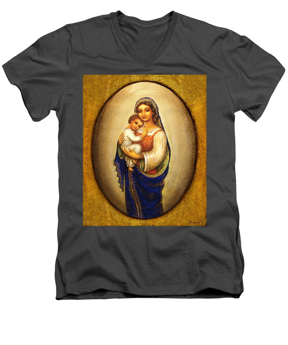Madonna And Child Men's V-Neck T-Shirt featuring the mixed media Madonna in a Halo by Ananda Vdovic